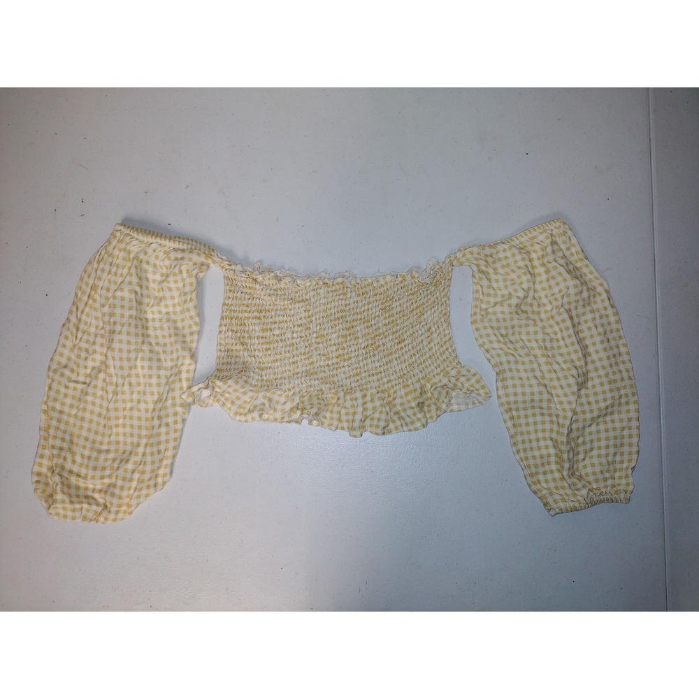 Dont Ask Why‎ Gingham Smocked Off Shoulder Crop Top Yellow White One Size Italy